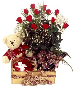 24 red roses bouquet, teddy bear, Cadburys celebration pack