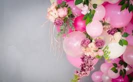 15 pink small and large air balloons with 15 pink roses and leaves