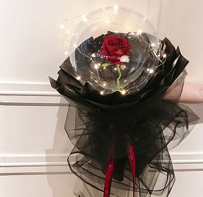 Transparent balloon with 1 red rose black wrapping and fairy lights Only for Pune and Mumbai