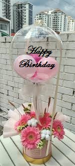 Transparent Balloon Printed Happy Birthday Tied with ribbons to a basket of 20 pink and gerberas flowers