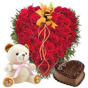 50 heart shaped roses, 1 kg cake and teddy bear