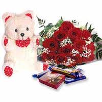 Roses with celebration box and teddy