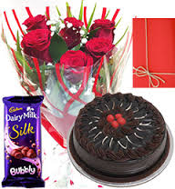 6 roses, card, cake 1/2 kg 1 silk chocolates