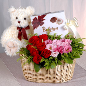 16 pc Chocolates with 24 Roses flowers basket and 1 feet Teddy bear