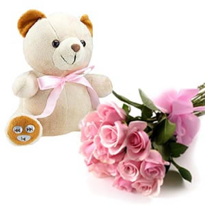 Teddy bear with 30 pink roses bouquet