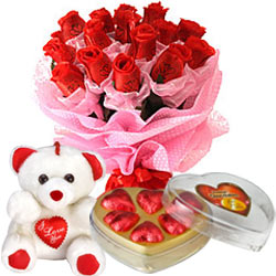 12 red roses 6 inch Teddy and heart chocolates